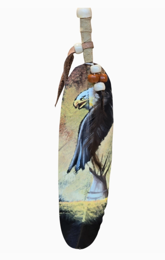 Hand Painted Feather, Featuring A Bald Eagle & Teepee