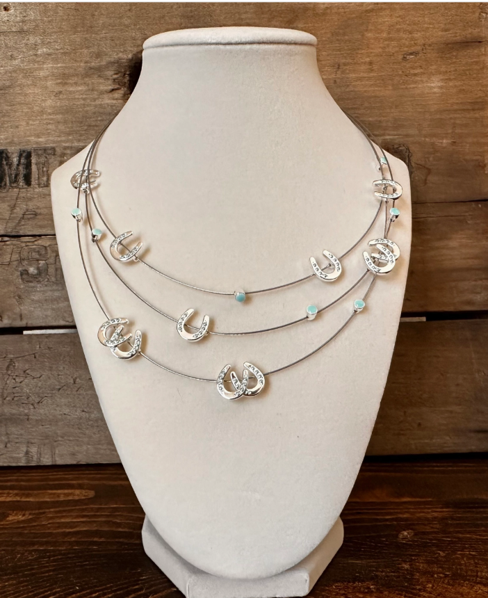 Multi Mini Horseshoes W/Aqua Bead Necklace