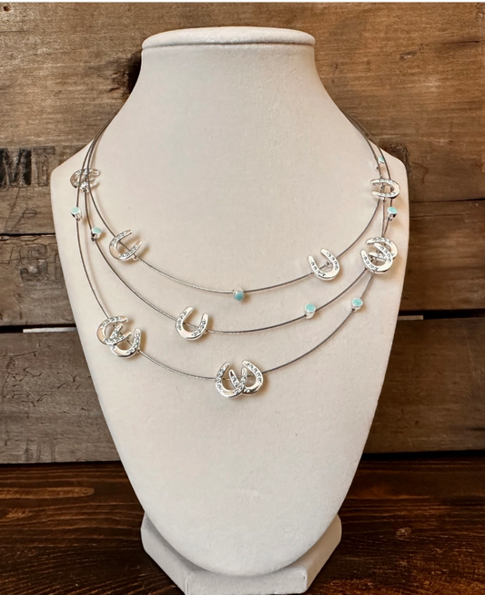 Multi Mini Horseshoes W/Aqua Bead Necklace