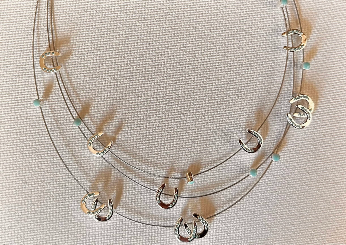 Multi Mini Horseshoes W/Aqua Bead Necklace