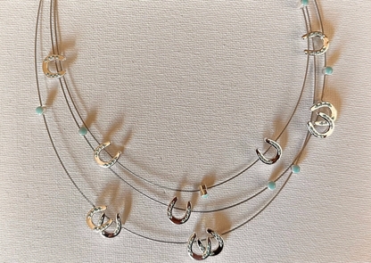 Multi Mini Horseshoes W/Aqua Bead Necklace