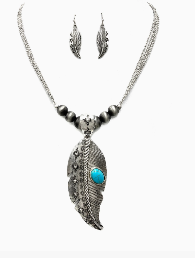 Large Feather Pendant Western Necklace Earrings Set
