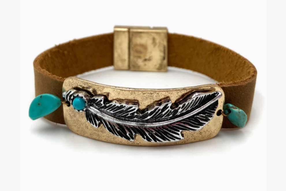 Native Turquoise Stone Feather Organic Leather Wrap Bracelet