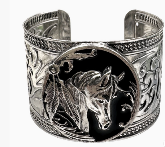 Native Horse Hammered Metal Large Cuff Bracelet