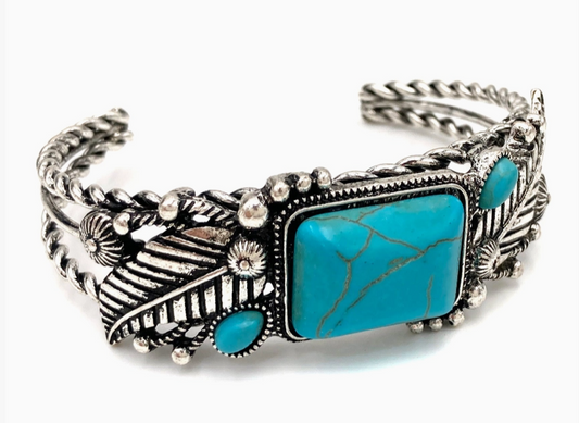 Western Autumn Leaves Turquoise Stone Open Bangle