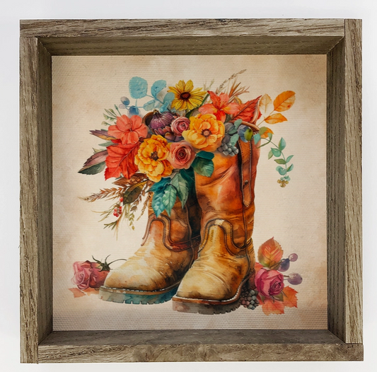 Fall Flowers in Boots - Fall Floral Canvas Art - Wood Framed
