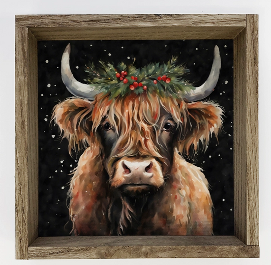 Highland Cow Christmas Black Background - Holiday Animal Art