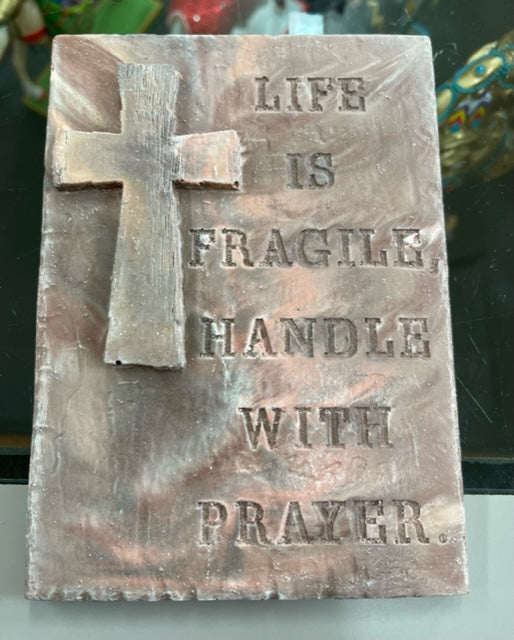Cross Plaque Life is Fragile by Kicking Bird Pottery